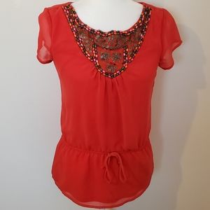 Blue Rain Small Beaded Red Boho Top